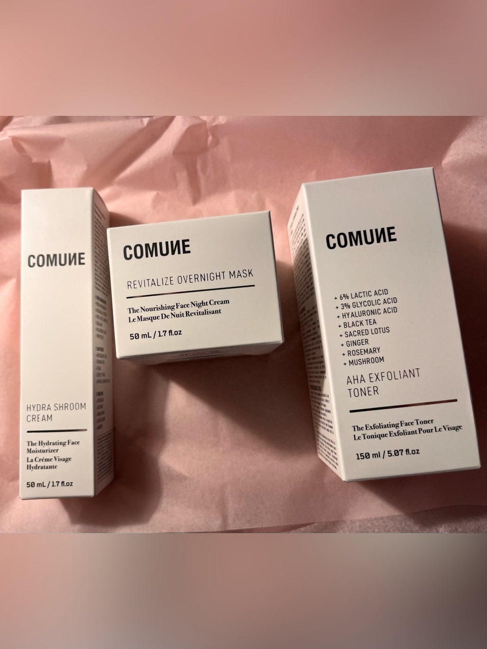 COMUNE 3 Pc Skincare Set AHA Toner, Hydra Shroom Cream + Overnight Mask NEW